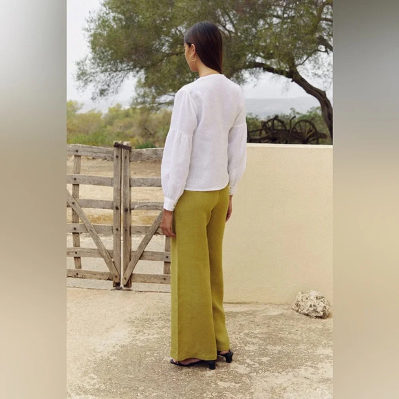 arkitaip Clara Flared Linen Trousers Willow Green High Rise 100% Belgian Linen - Picture 4 of 10